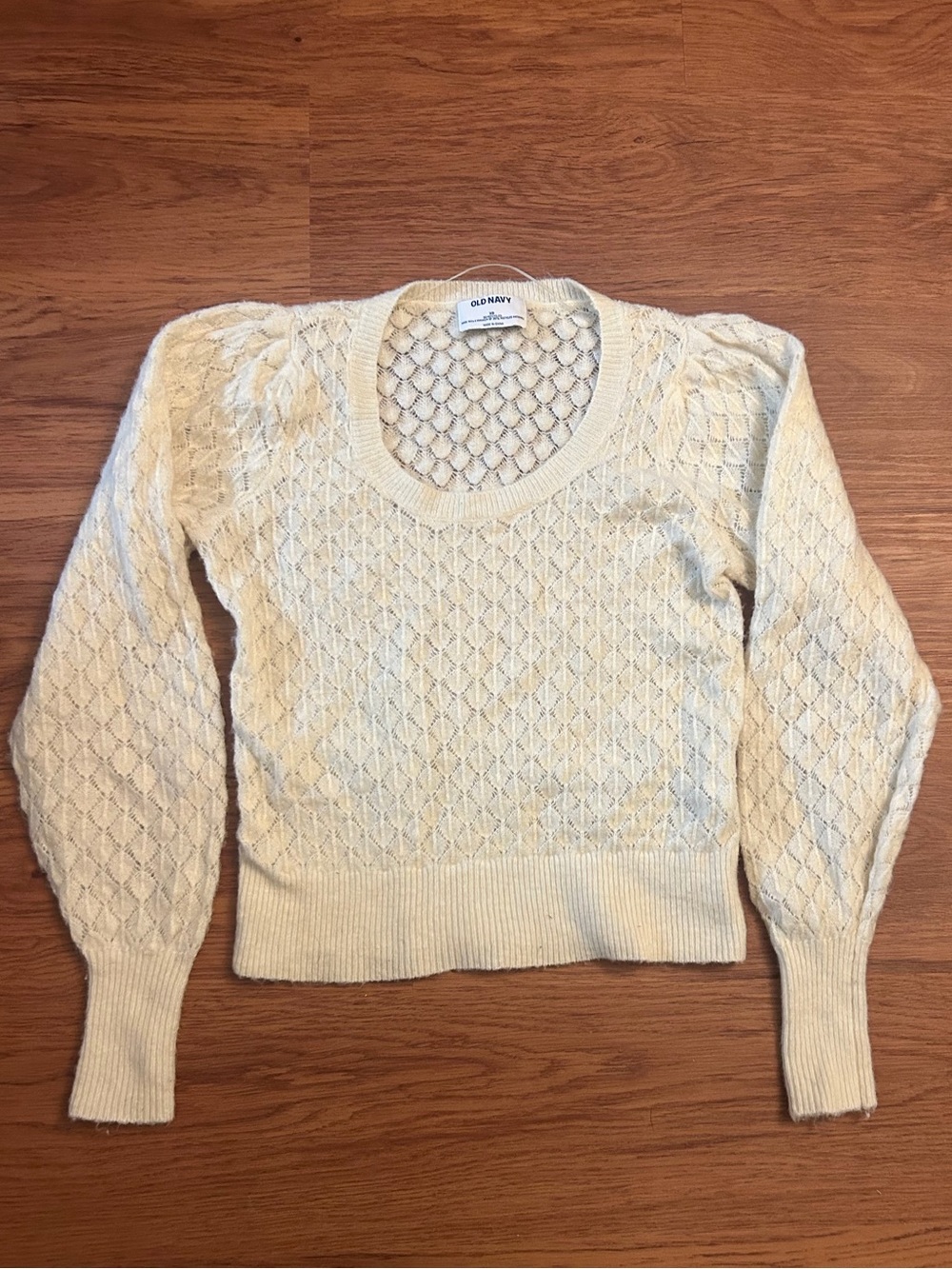 Old Navy Cream Open-Knit Puff Sleeve Crew Sweater